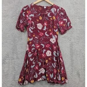 Old Navy Fit & Flare Crepe Dress Women Small Petite Burgundy Floral Peephole NWT